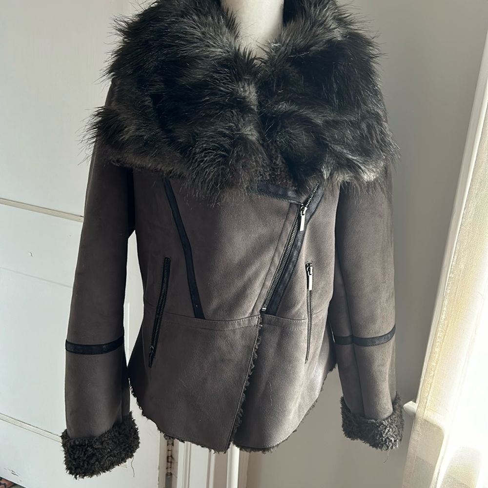 Gray Faux Suede & Shearling Motorcycle Jacket Sz. XL